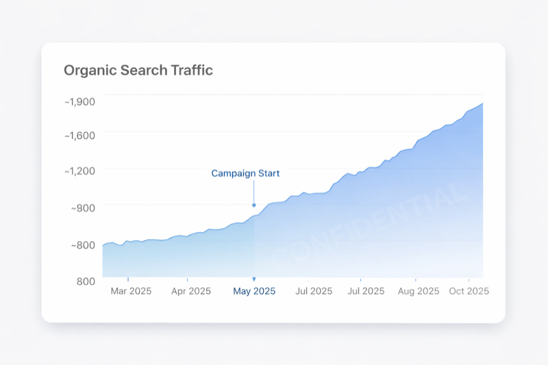 Organic traffic growth chart showing 143% increase over 8 months