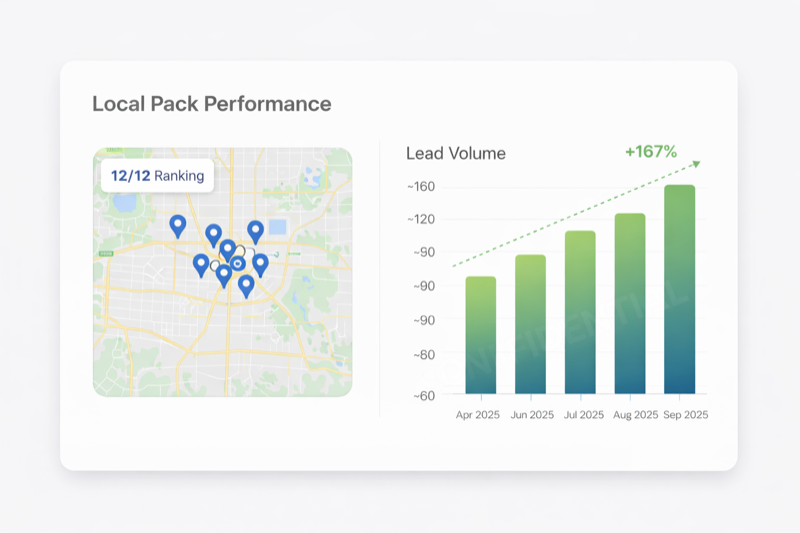 Local pack performance dashboard showing 12/12 ranking and 167% lead growth